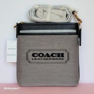 COACH Kitt Badge Jacquard & Smooth Leather Crossbody- Salt Black ⭐
